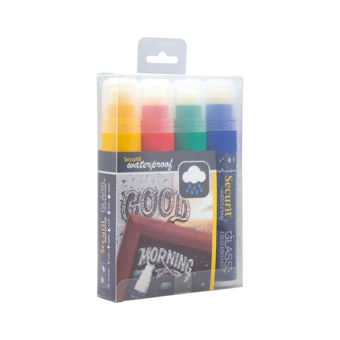 Marqueurs craie waterproof Securit (verre+ ardoise) pointe 7-15mm rouge, vert, jaune, bleu (lot de 4) - FRANCE CHR