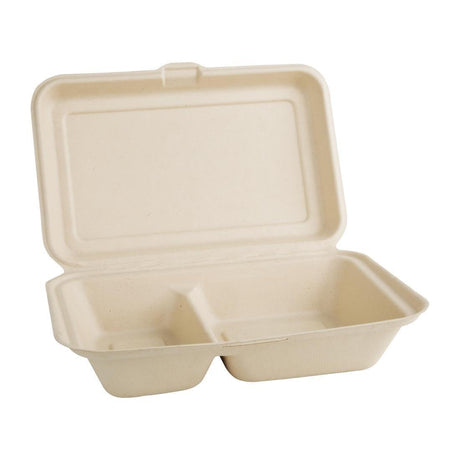 Boîtes 2 compartiments avec couvercle à charnière compostables en bagasse coloris naturel Fiesta Compostable 253mm (lot de 200) - FRANCE CHR