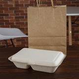 Boîtes 2 compartiments avec couvercle à charnière compostables en bagasse coloris naturel Fiesta Compostable 253mm (lot de 200) - FRANCE CHR