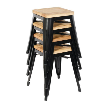 Tabourets bistro bas en acier noir avec assise en bois Bolero (lot de 4) - FRANCE CHR