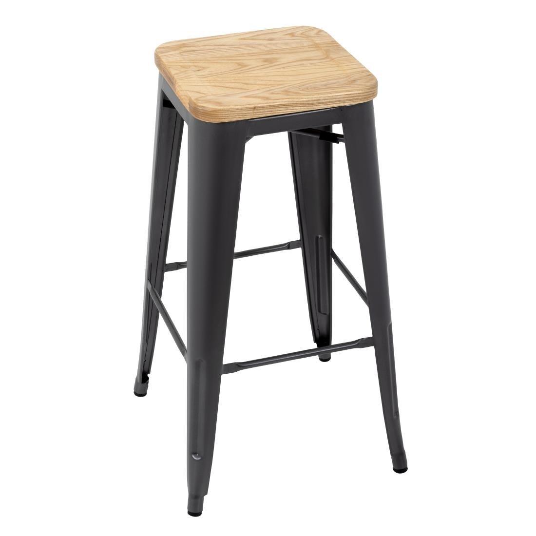 Tabouret bistro haut en acier gris avec assise en bois Bolero lot de 4 - FRANCE CHR