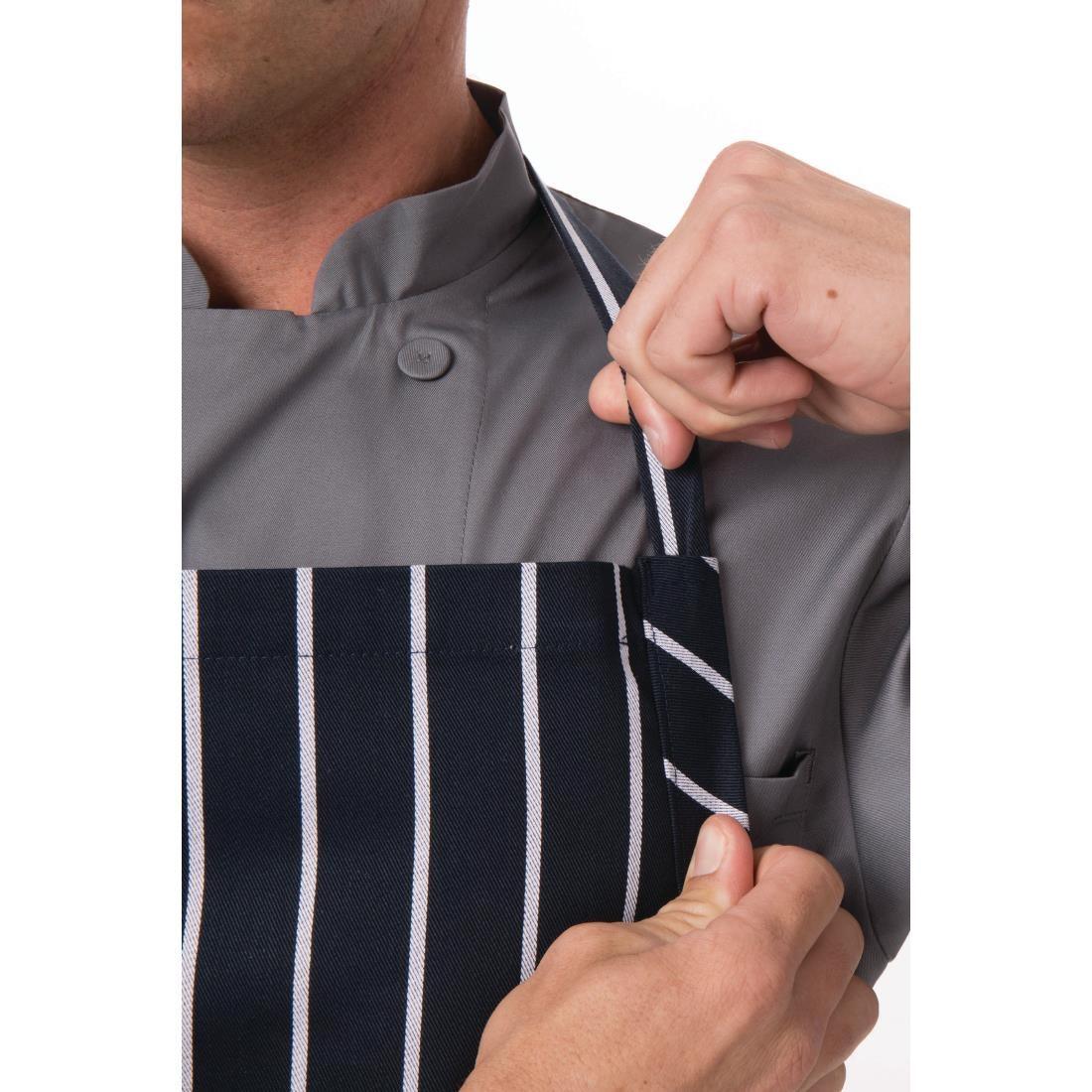 Tablier bavette tissé Chef Works Premium rayures bleue marine et blanches - FRANCE CHR