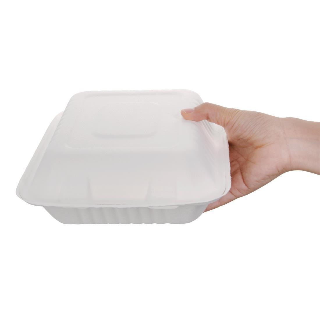 Boîtes 3 compartiments avec couvercle à charnière compostables en bagasse Fiesta Compostable 201mm (lot de 200) - FRANCE CHR