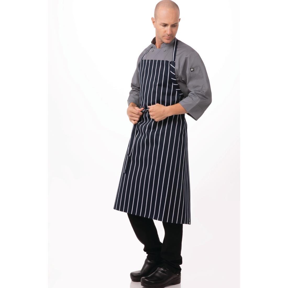 Tablier bavette tissé Chef Works Premium rayures bleue marine et blanches - FRANCE CHR