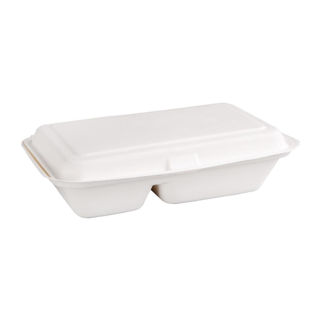 Boîtes 2 compartiments avec couvercle à charnière compostables en bagasse Fiesta Compostable 253mm (lot de 200) - FRANCE CHR