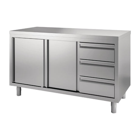 Table armoire inox avec portes coulissantes et 3 tiroirs à droite Gastro M 1400 x 700 x 880mm - FRANCE CHR
