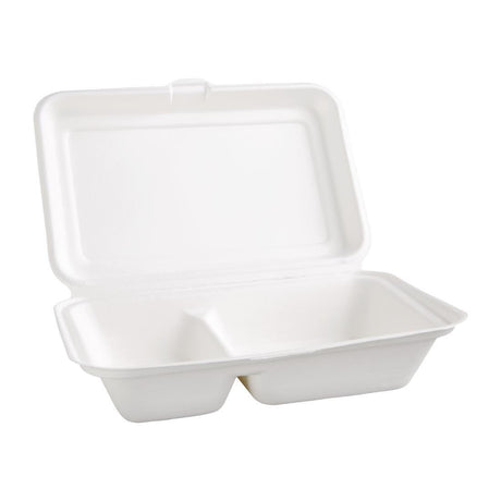 Boîtes 2 compartiments avec couvercle à charnière compostables en bagasse Fiesta Compostable 253mm (lot de 200) - FRANCE CHR