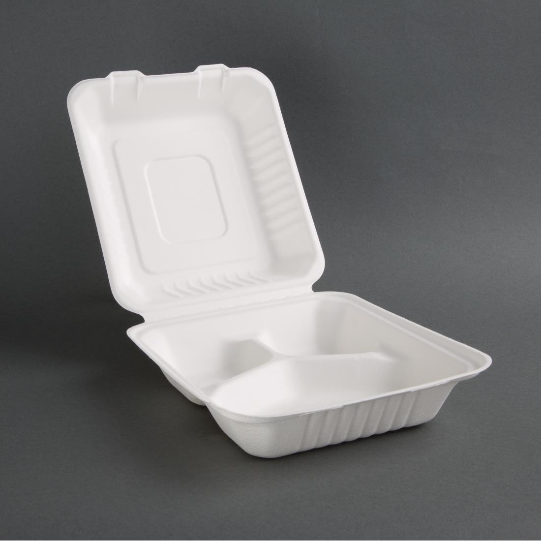 Boîtes 3 compartiments avec couvercle à charnière compostables en bagasse Fiesta Compostable 201mm (lot de 200) - FRANCE CHR