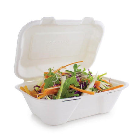 Boîtes repas en bagasse compostables avec couvercle à charnière Vegware 228mm (Lot de 200) - FRANCE CHR