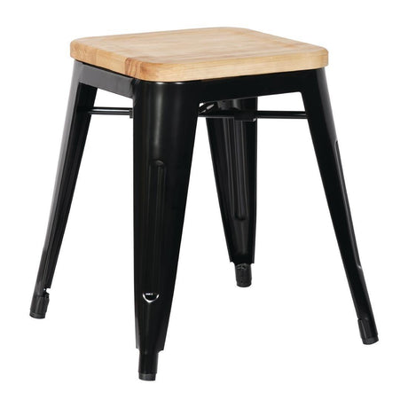 Tabourets bistro bas en acier noir avec assise en bois Bolero (lot de 4) - FRANCE CHR