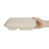 Boîtes 2 compartiments avec couvercle à charnière compostables en bagasse coloris naturel Fiesta Compostable 253mm (lot de 200) - FRANCE CHR