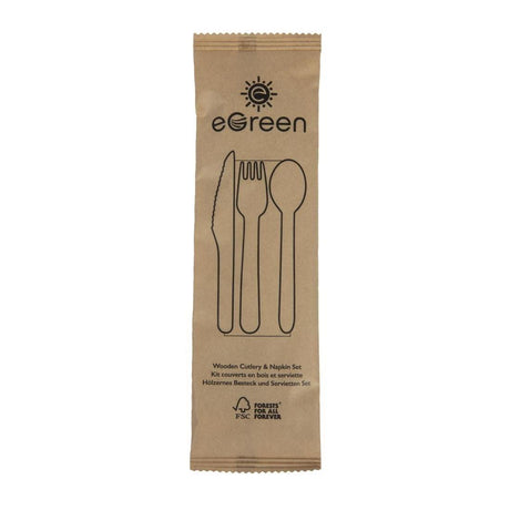 Ensembles de couverts en bois 4-en-1 emballages individuels kraft eGreen (lot de 250) - FRANCE CHR