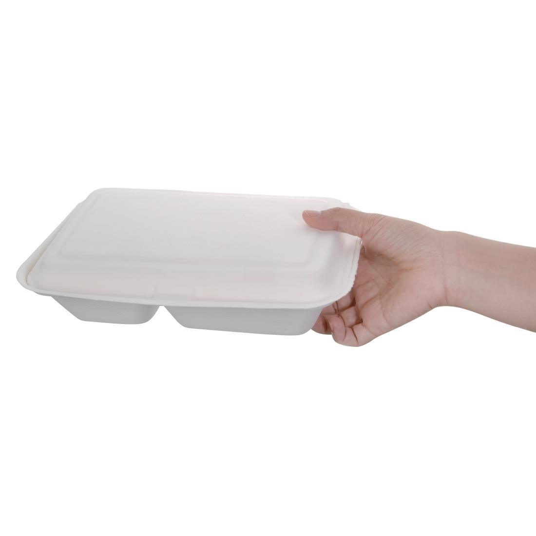 Boîtes 2 compartiments avec couvercle à charnière compostables en bagasse Fiesta Compostable 253mm (lot de 200) - FRANCE CHR