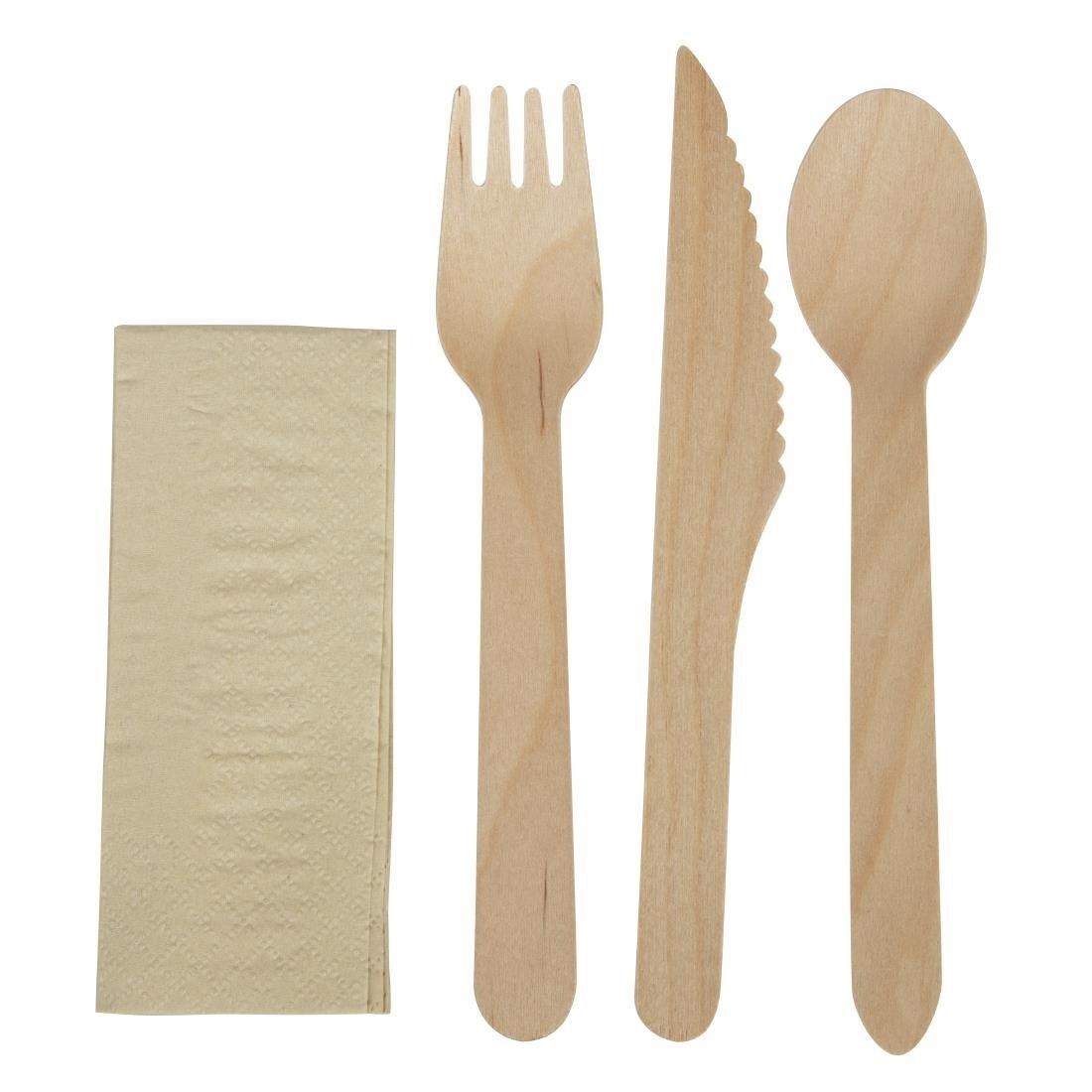 Ensembles de couverts en bois 4-en-1 emballages individuels kraft eGreen (lot de 250) - FRANCE CHR