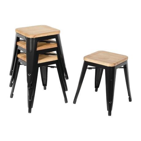 Tabourets bistro bas en acier noir avec assise en bois Bolero (lot de 4) - FRANCE CHR