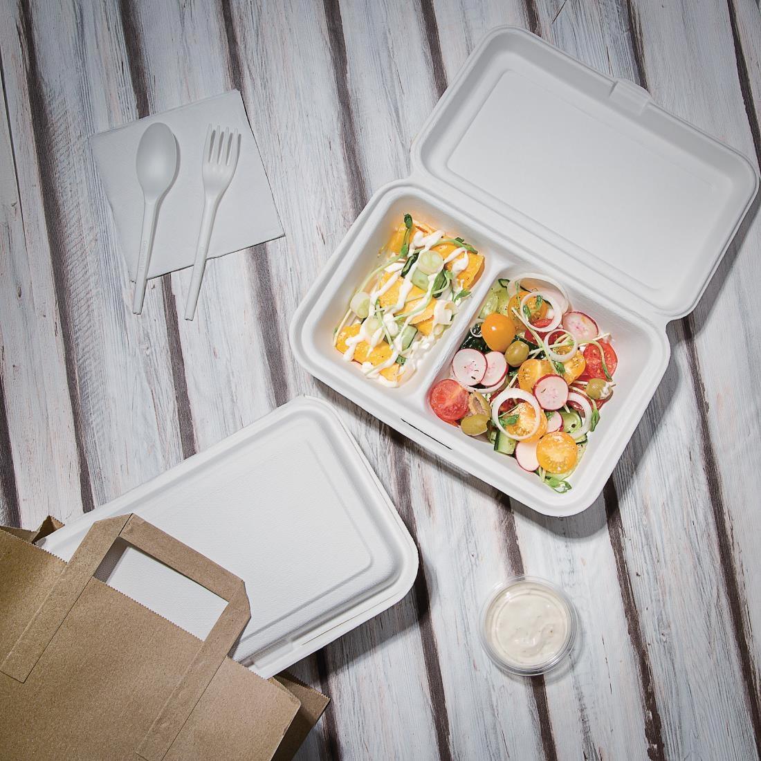 Boîtes 2 compartiments avec couvercle à charnière compostables en bagasse Fiesta Compostable 253mm (lot de 200) - FRANCE CHR