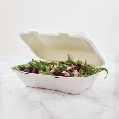 Boîtes repas en bagasse compostables avec couvercle à charnière Vegware 228mm (Lot de 200) - FRANCE CHR