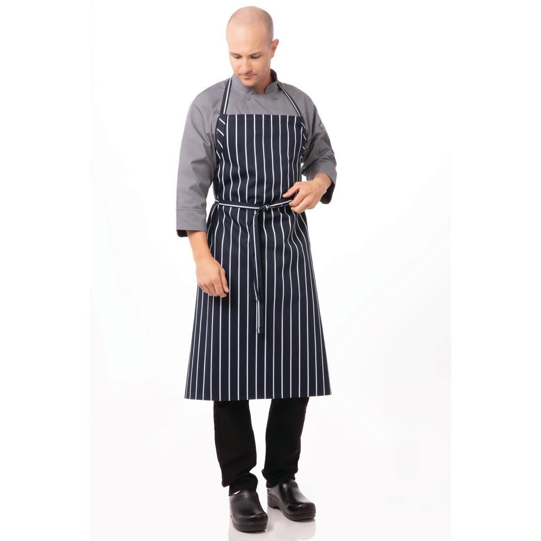 Tablier bavette tissé Chef Works Premium rayures bleue marine et blanches - FRANCE CHR