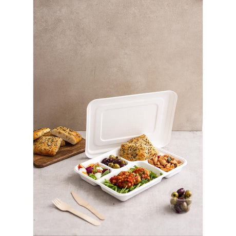 Plateaux repas 5 compartiments en bagasse avec couvercle Vegware (lot de 200) - FRANCE CHR