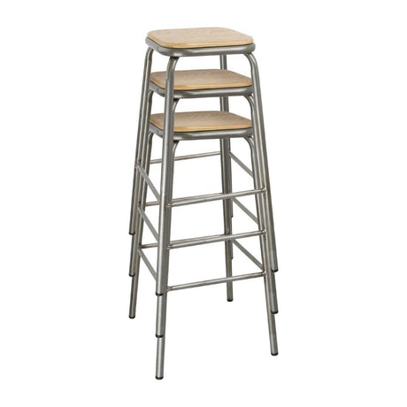 Tabouret haut en acier galvanisé avec assise en bois Bolero Cantina (lot de 4) - FRANCE CHR