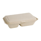 Boîtes 2 compartiments avec couvercle à charnière compostables en bagasse coloris naturel Fiesta Compostable 253mm (lot de 200) - FRANCE CHR