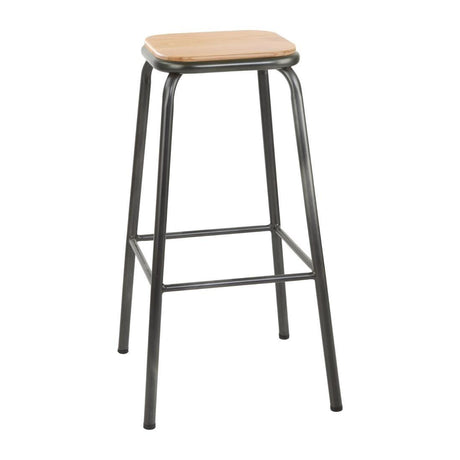 Tabouret haut gris métallisé avec assise en bois Bolero Cantina lot de 4 - FRANCE CHR